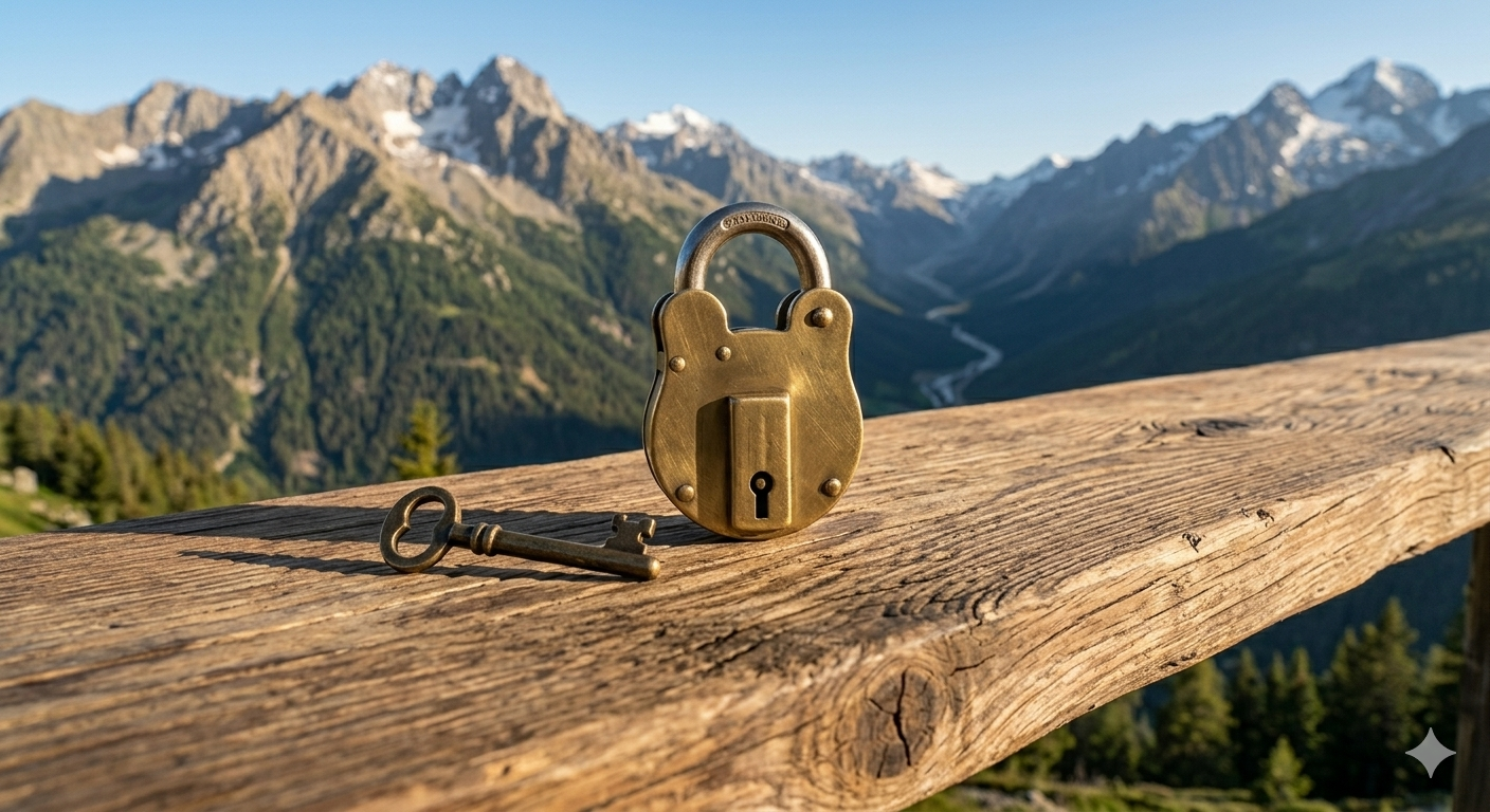 cadenas posé sur une barrière en bois face à de belles montagnes enneigées au sommet et ensoleillé