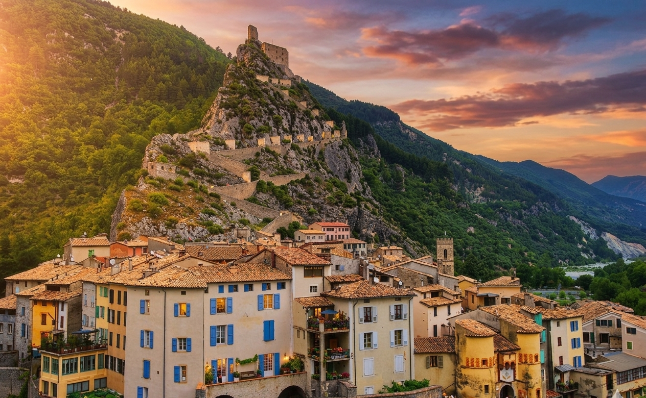 village d'entrevaux et sa citadelle en haut perché, vue depuis un soleil couchant