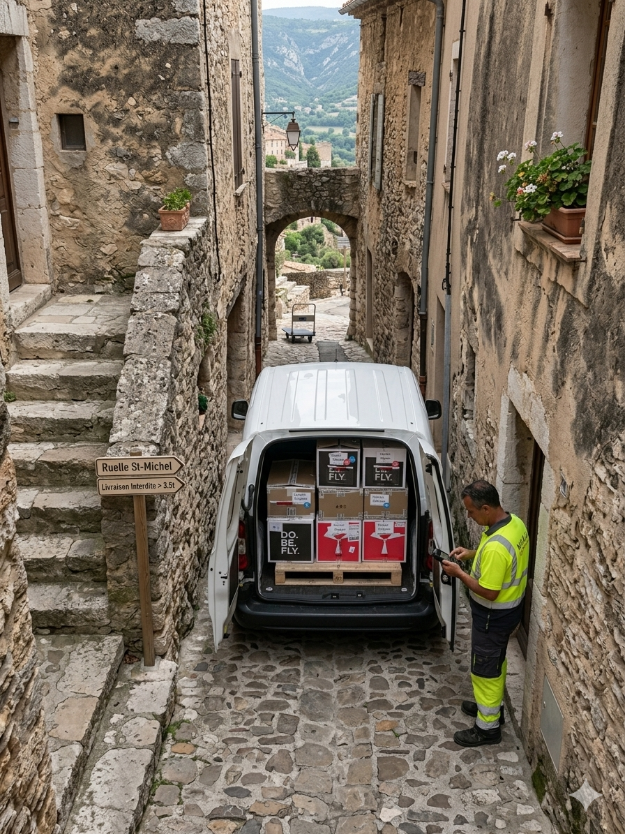 livraison en petit véhicule dans une ruelle étroite. Les portes arrières du camion sont ouvertes et l'on voit les colis rangés à l'arrière du camion. Des panneaux indiquent une interdiction aux véhicules de plus de 3.5T