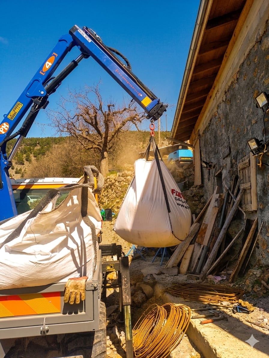 levage d'un big bag avec l'aide d'une grue sur camion