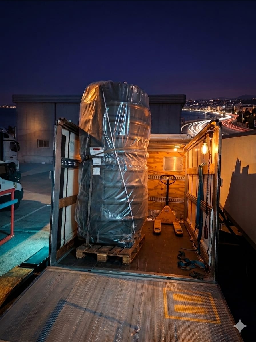 Une palette avec un gros réservoir en plastique dessus est chargé de nuit dans un véhicule utilitaire avec hayon. Le toit est débaché car la marchandise est trop haute pour rentré à l'intérieur. ON y voit un transpalette dans le camion ainsi qu'une route en fond avec un trafic important de voiture