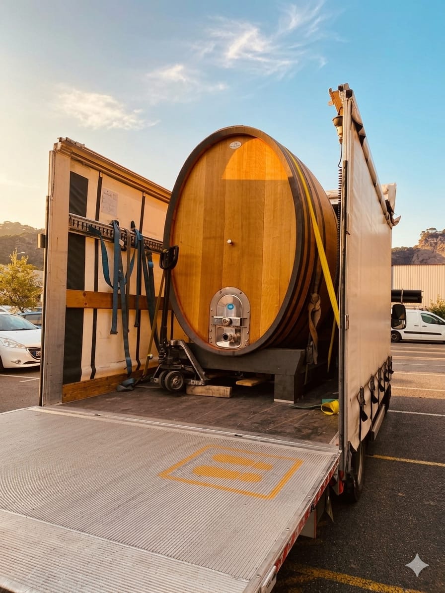 un foudre de vin (gros tonneaux) chargé et sanglé dans un véhicule hayon 3.5T. Le toit est débaché afin de faire rentrer ces dimensions hors format