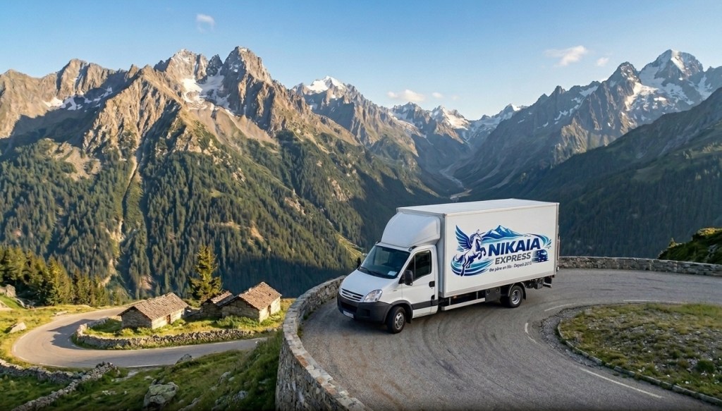 camion hayon 3.5T avec le logo nikaia express stationné dans un virage de montagne. on y voit des maison en contrebas et une belle chaine de montagne en face avec des neiges sur les sommets