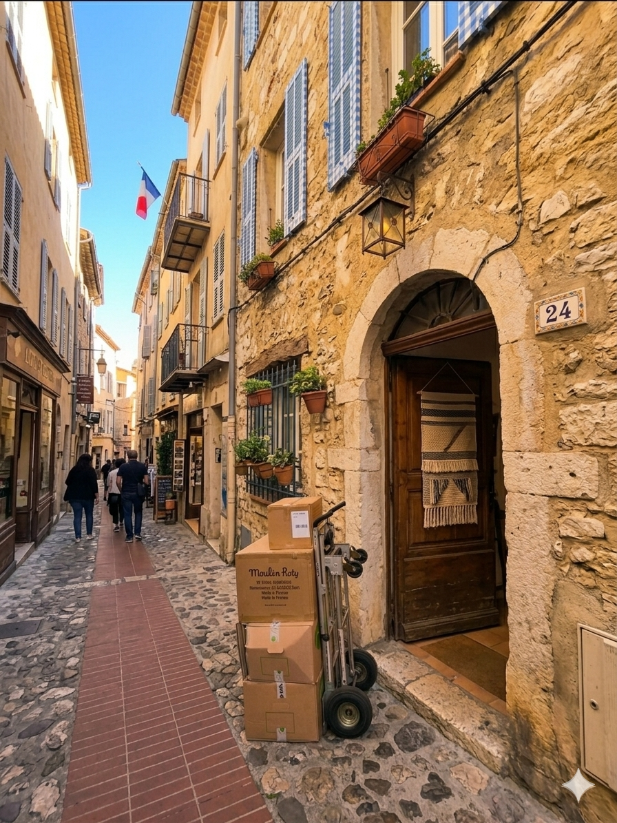 diable avec des cartons chargés devant une entrée de magasin dans une ruelle piétonne avec des pavés au sol