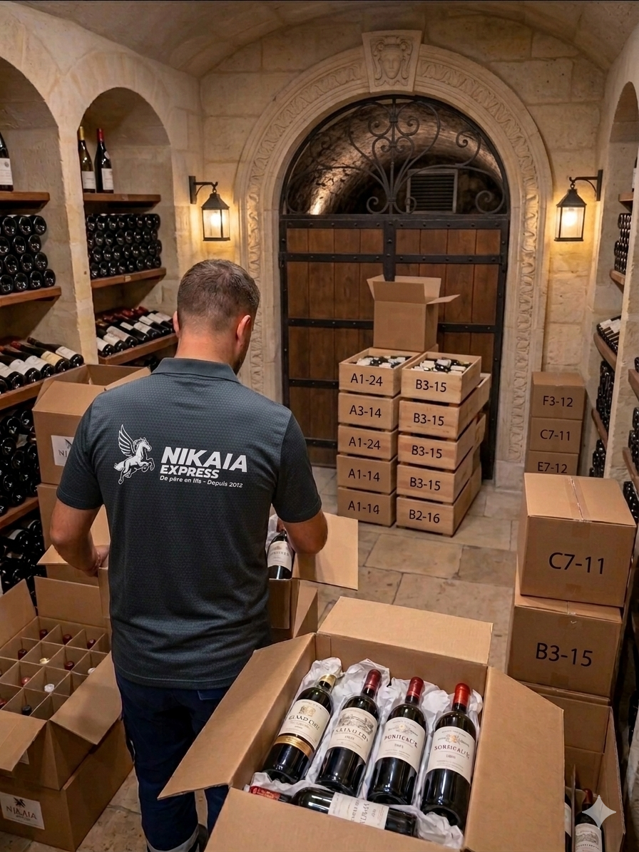 un homme de dos dans une cave à vin entrain de faire un inventaire et rangement de cave. les cartons sont numérotés