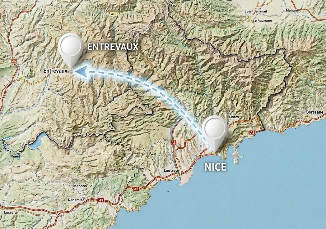 carte des alpes maritimes et alpes de hautes provence avec une liaison entre nice et entrevaux