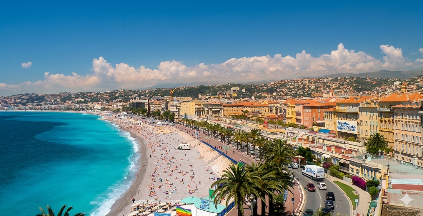 vue de la promenade des anglais avec la mer à sa gauche et le vieux nice à sa droite