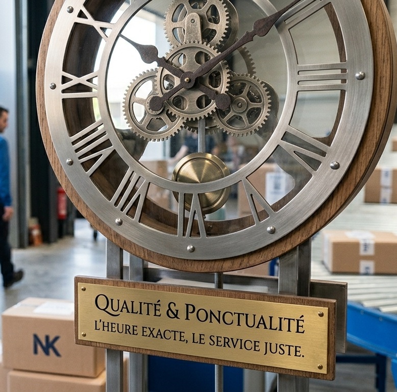 horloge dans un entrepôt de transport montrant l'heure 10h10