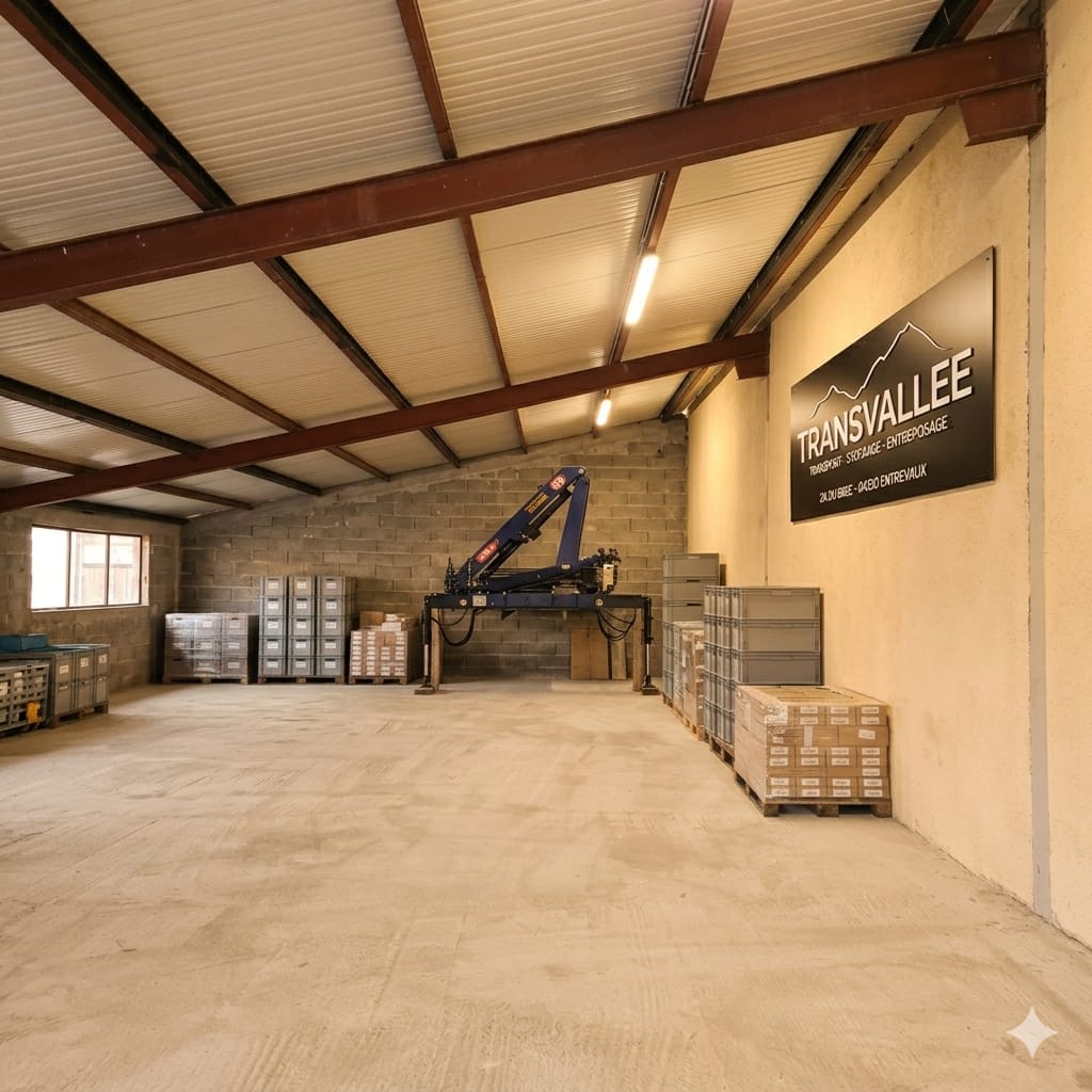intérieur d'un entrepôt avec des palettes de stocké et du matériel de levage (grue)