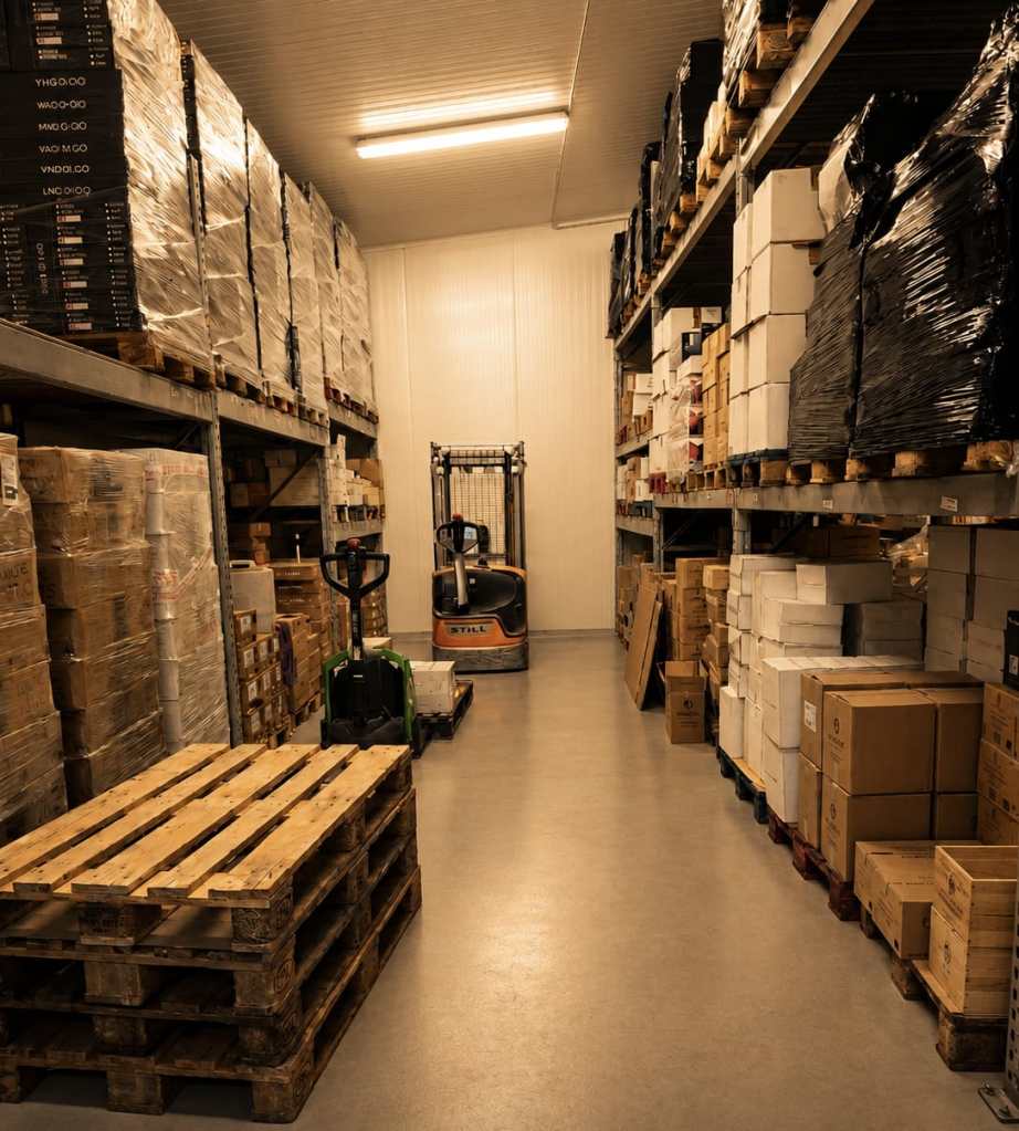entrepôt avec des transpalettes et des racks pour palettes. des palettes de vins y sont rangés.