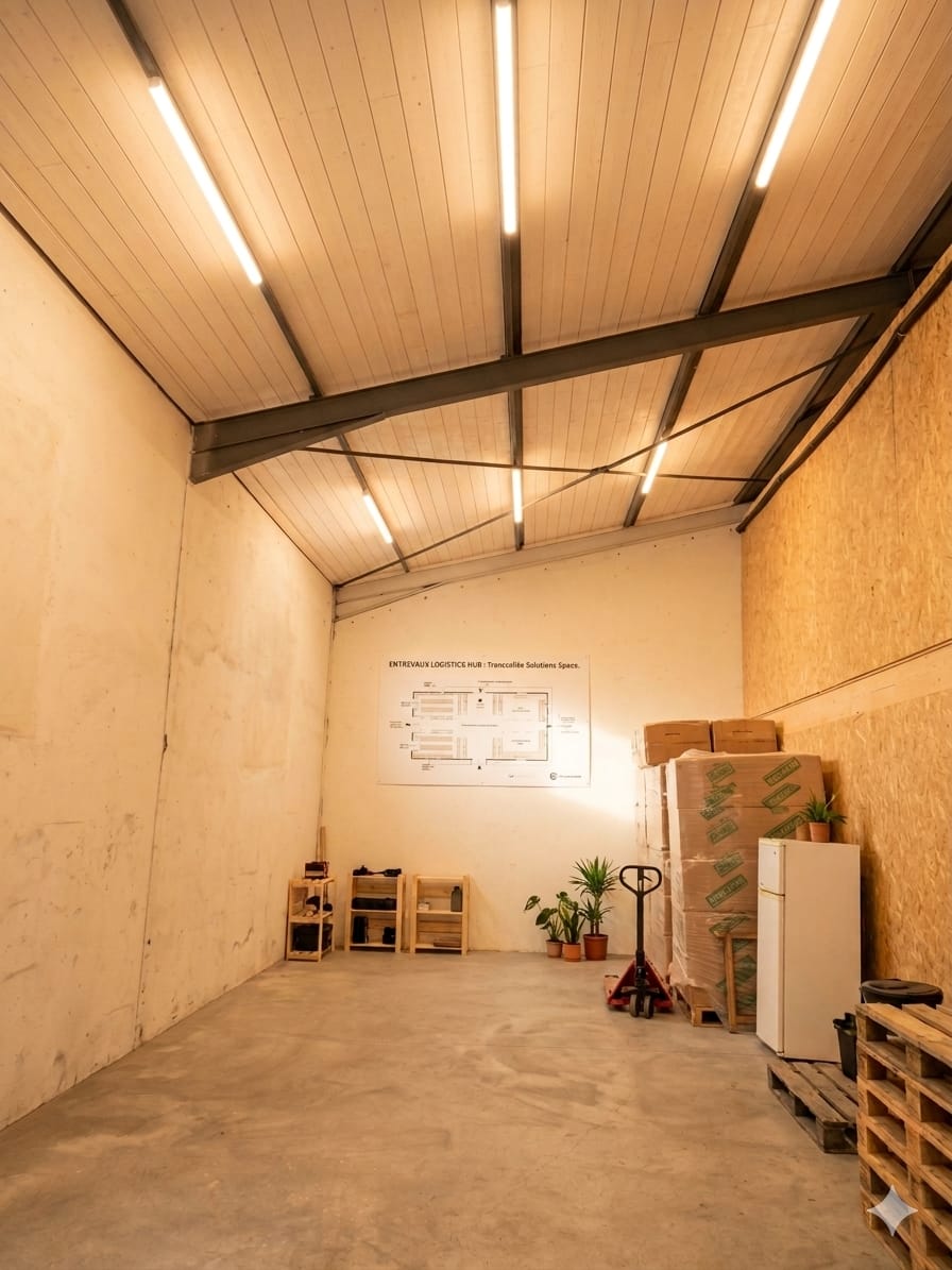 intérieur d'un entrepôt avec des palettes, transpalette et mobilier de stockage
